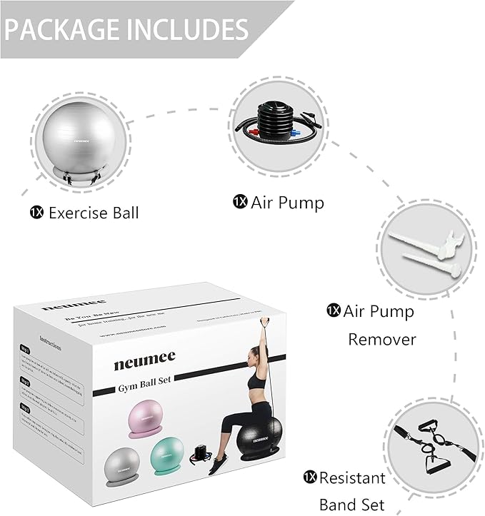 Exercise Ball Chair with Resistance Bands, Yoga Ball Office Chair with Stability Base for Home Gym, Workout Ball for Fitness, Large Size 65 cm