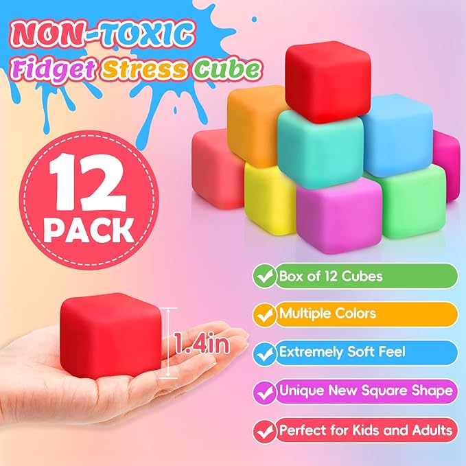 12 Pack Slow Rising Stress Cube, Dough Stress Balls Squishy Fidget Toys for Anxiety Relief, Soft Fidget Cube, Pull Stretch Squishy Toys for Classroom Prize, Party Favors for Kids Adults
