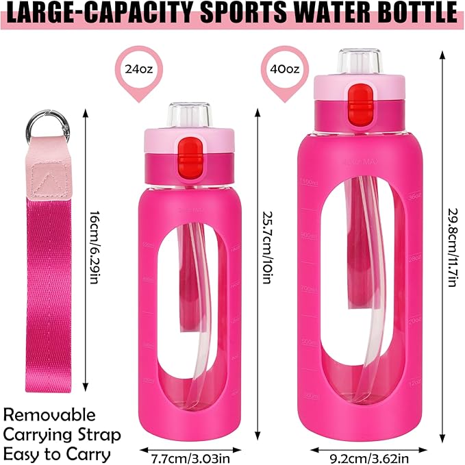 ANOTION 40OZ Glass Water Bottle, Large Sports Water Bottle with Dual-Drink Lid Clear Leakproof Glass Bottles with Straw, Motivational Jug with Silicone Sleeve and Time Marker for Travel Gym-Pink