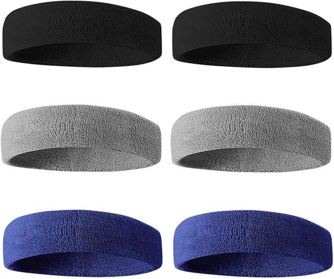 BEACE Sweatbands Sports Headband for Men & Women - 6PCS Moisture Wicking Athletic Cotton Terry Cloth Sweatband for Tennis, Basketball, Running, Gym, Working Out