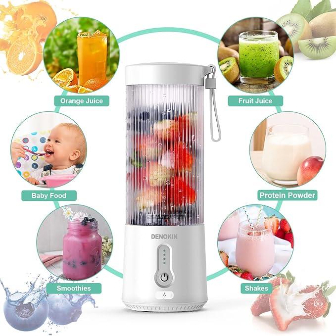 DENOKIN Portable Blender 16oz Vessel, Cordless Personal Size Small Blender for Shakes and Smoothies with 6 Blade for Kitchen, Home, Travel