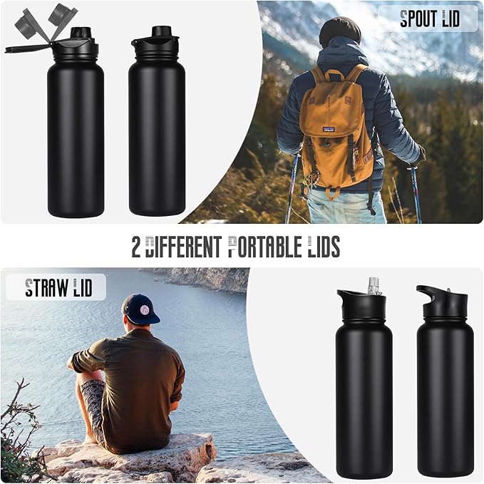 40 oz Insulated Water Bottle with Straw, Stainless Steel Sports Water Bottles with 2 Lids (Straw and Wide Mouth lid), Double Wall Vacuum, Leakproof, BPA-Free, Black