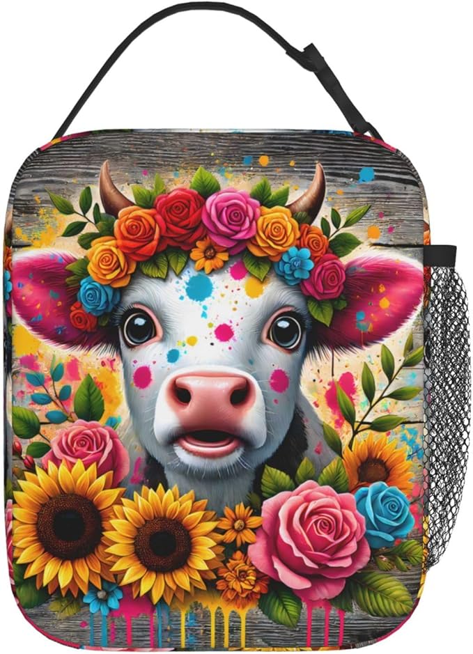 Cow Polyester Lunch Box for Kids Teen,Cute Reusable Thermal Lunch Bag for Adult Women,Farmhouse Insulated Tote Cooler Bags for School,Work,Picnic,Travel,Bright and Cheerful Farm Theme