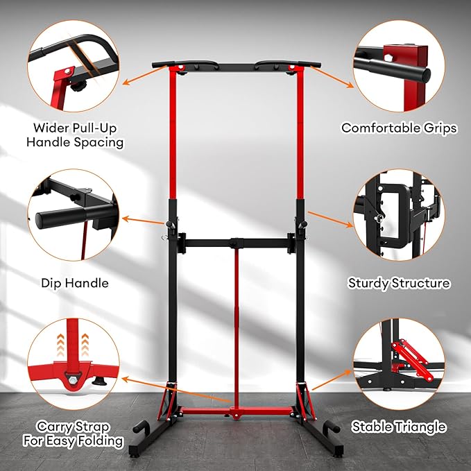 ONETWOFIT Foldable Power Tower Pull Up Bar Station, Multi-Function Adjustable Height Dip Station for Home Gym Workout, Strength Training Fitness Equipment, Pull Up Stand