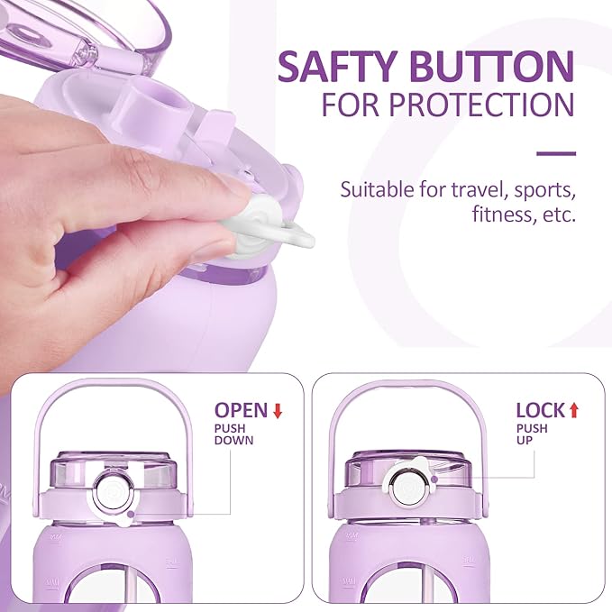 BLUEGO 64oz Glass Water Bottles with Straw Time Marker Half Gallon Large Motivational Water Bottle with Silicone Sleeve 2 Liter Large Glass Water Jug for Gym, Sports& Workout, Daily, Purple