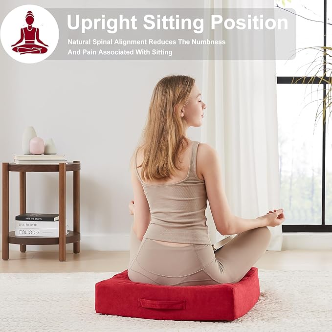 22 inches Floor Pillow for Adults - Large Meditation Cushion with Thick Foam & Soft Tufted Cover - Premium Outdoor Square Floor Cushion Seat - Yoga Pillows for Sitting On Floor - Burgundy