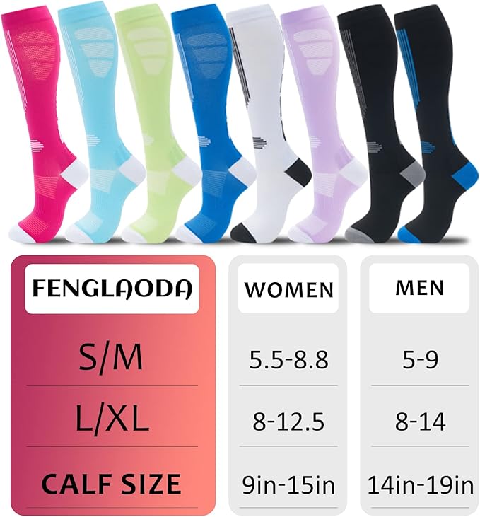 fenglaoda Compression Socks Women Men 6 Pairs, Knee High Best Support Circulation Socks for Running, Travel, Flight, Nurse