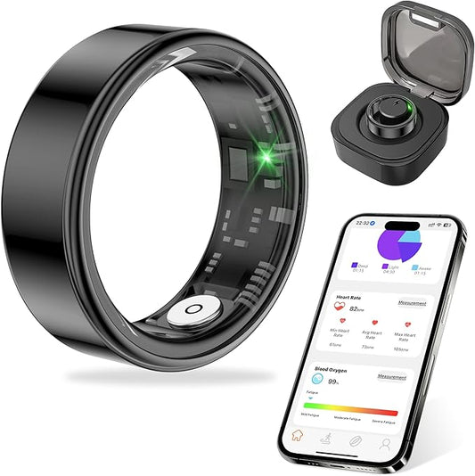 Thin Smart Ring for Fitness & Health Tracking -Pedometer,Sleep/Heart Rate/Blood Oxygen Monitor, Gesture Control / 5ATM Waterproof -No APP Subscription Compatible with Smart Phone (Black, 12)