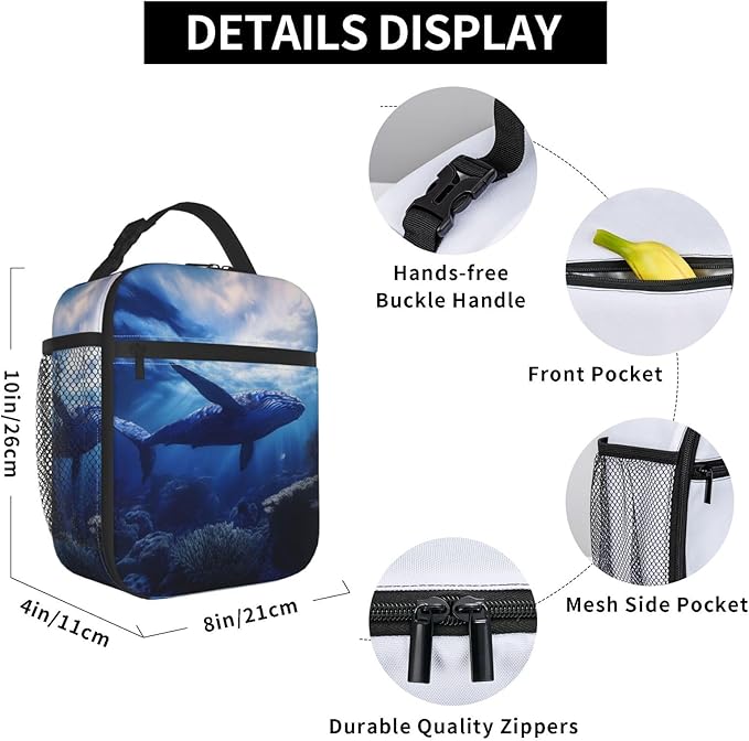 Insulated Lunch Box for Women Men, Whale Lunch Box Reusable Portable Lunch Bag Cooler Tote Waterproof Lunch Container for Office Picnic Work Travel Hiking