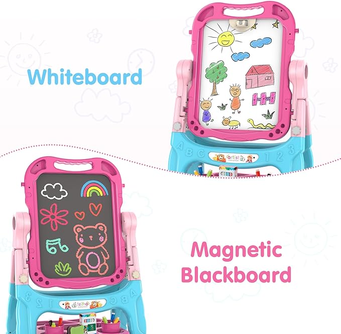 Amagoing Easel for Kids, Adjustable Standing Art Easel for Toddler, Double Chalk Drawing Board with Painting Accessories, Birthday Christmas Gift for Girls 3 4 5 Years Old