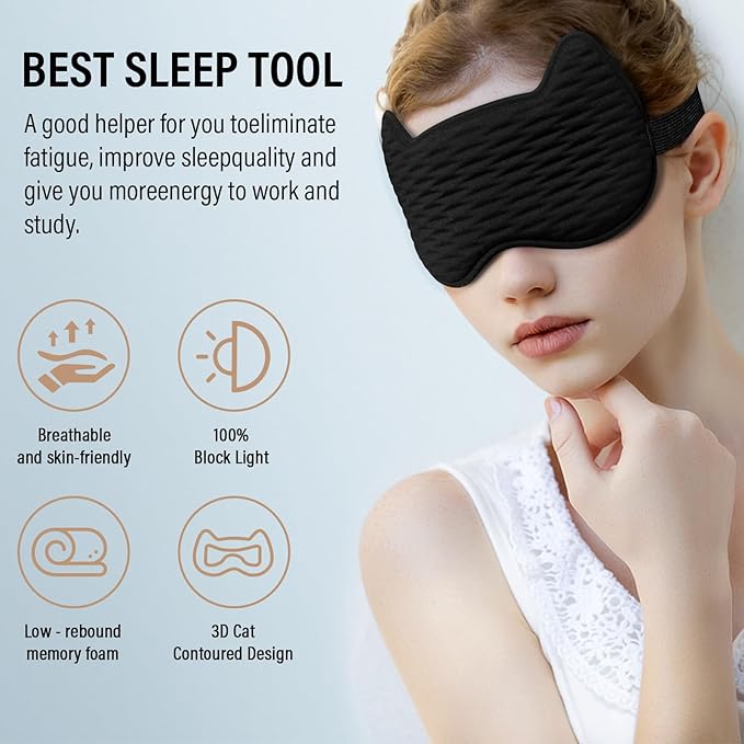 Sleep Eye Mask for Women Men, 100% Blackout 3D Contoured Cup Sleeping Mask with Adjustable Strap, Soft Breathable Memory Foam Blindfold, No Eye Pressure Eye Cover Eyeshade for Night Sleep(Black)