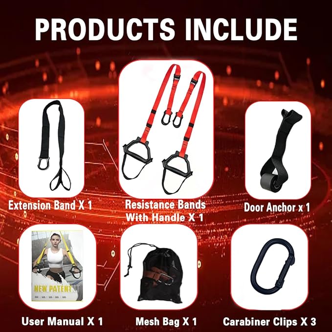 Bodyweight Resistance Training Straps, Complete Home Gym Fitness Trainer kit for Full-Body Workout, Included Door Anchor, Extension Strap, Fitness Guide