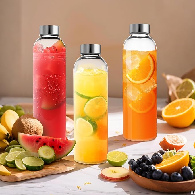 Set of 6 Clear Glass Water Bottles with Lid 14oz for Juicing Reusable Bottle Glass Cup with Stainless Steel for Juicing, for Halloween Refrigerator 100% Leak Proof Drinking Jar, BPA Free