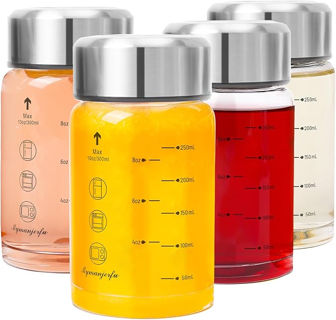 Glass Juice Bottles 4 Pack 10 oz - Wide Mouth Glass Water Bottles with Lids - for Juicing, Smoothies, Milk, Protein, BPA Free, Reusable, Stainless Steel Lids, Leak Proof, Shaker bottle [10oz/300ml]