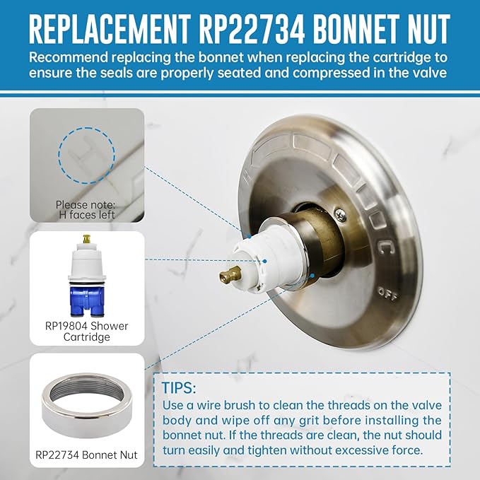 RP19804 Shower Cartridge Compatible with Delta 1300/1400 Series, Shower Faucet Parts Replacement Pressure Balance Cartridge for Delta Monitor Valves 1993-2007（Include RP22734 Bonnet Nut）