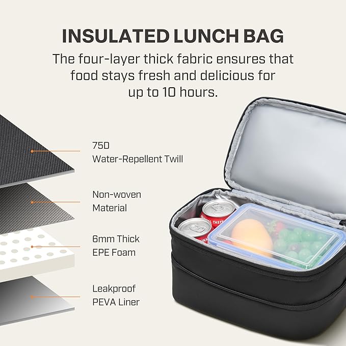 Everfun Expandable Lunch Box for Women with Container, Double Deck Lunch Bag Insulated Leakproof Large Cooler Bag with Adjustable Strap