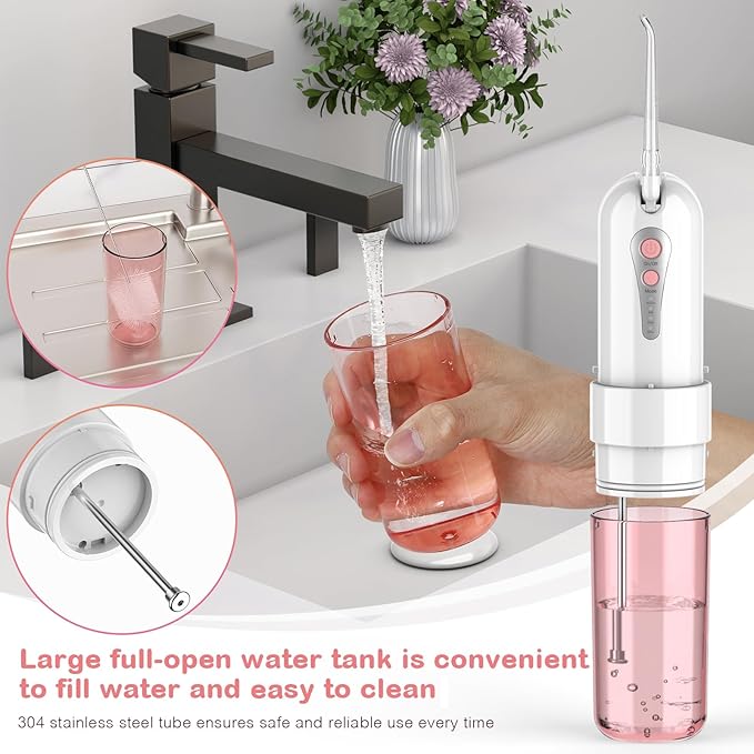 Water Dental Flosser for Teeth Cleaning and Flossing with Travel Size Case – Rechargeable Oral Irrigator, KOOVON Portable Water Flosser for Adults, IPX7 Waterproof, 5 Jet Tips & 4 Modes, Pink