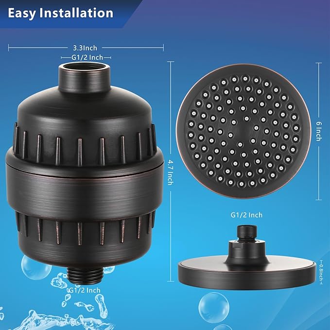 High Pressure Filtered Shower Head Set, 6’’ Rain Shower Filter for Hard Water, Universal Round Showerhead 20 Stage Filtration Removes Impurities for Rejuvenated Skin by Eolax, Oil-Rubbed Bronze