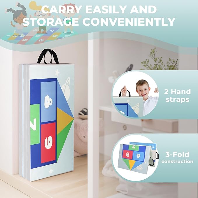 Kangaroo Hoppers Gymnastics Tumbling Mats for Kids, Foldable Gym Mat with Carrying Handles for Home Activity Play