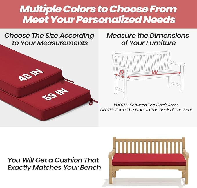 Crestlive Products Outdoor Bench Cushion 42 x 18 Inch, Waterproof Patio Bench Cushions for Outdoor Furniture, Porch Swing Replacement Pad with 30D Foam, Adjustable Straps and Portable Handle, Chili