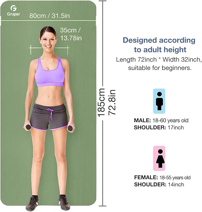 Yoga Mat Non Slip NBR Thick Yoga Mat, 72"L x 32"/24"W x 0.6"/0.4"TH (185cm x 80cm/61cm x 15mm/10mm), Anti-Tear Exercise Mat with Carrying Strap and Bag, Workout Mats for Yoga, Pilates, Floor Exercises