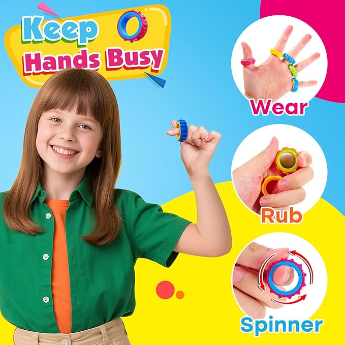 Fidget Toys Kids Sensory Rings: 24 Pack Texture Finger Spinner - Calming Sensory Toys for Autism Stress Relief - Quiet Fidgets for Classroom Students Prizes