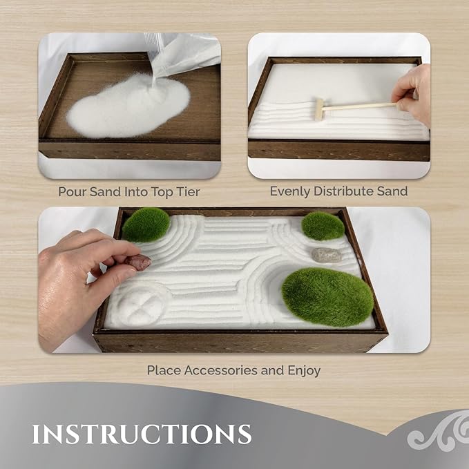 Wooden Stackable Zen Garden | White Sand with Rake & Accessories | Minimalist Decor Gift for Relaxation