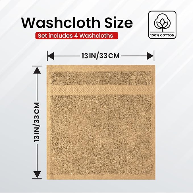 Infinitee Xclusives Luxury Wash Cloths for Showering [13x13] – 100% Cotton Washcloths [Pack of 4], Soft and Absorbent Face Towels for Bathroom Wash Clothes, Gym, and Spa (Cosmic Sand)