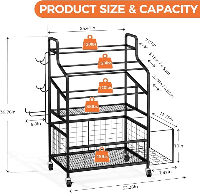 Weight Rack Storage for Home Gym, Adjustable Dumbbell Stand Organizer with Wheels and Hooks, Workout Equipment Organizer Holds Yoga mats, Kettlebells, and Fitness Accessories
