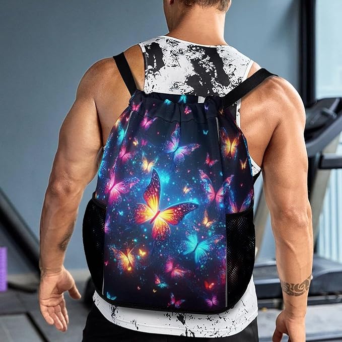 Butterfly Drawstring Backpack - Cute Cinch Sack, String Backpacks with Pocket for Kids Boys Girls Women Men for Gym Outdoor Sports Travel Athletic Drawstring Bag - Lightweight/Foldable