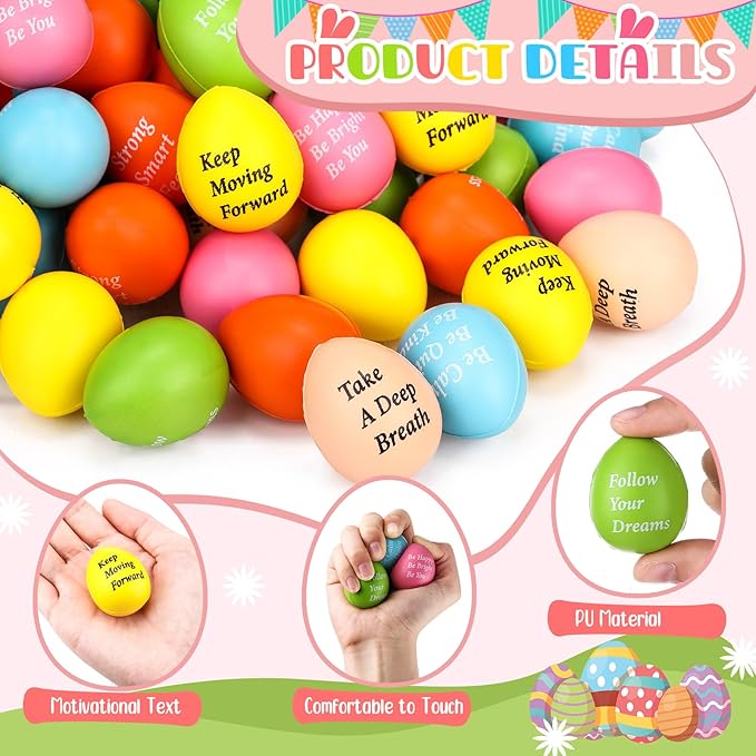 Aoriher 60 Pcs Motivational Stress Balls Quotes Inspirational Funny Colorful Foam Balls Hand Exercise Stress Relief Gifts for Office Small Anxiety Toys for Motivating Encouraging Supply (Egg)