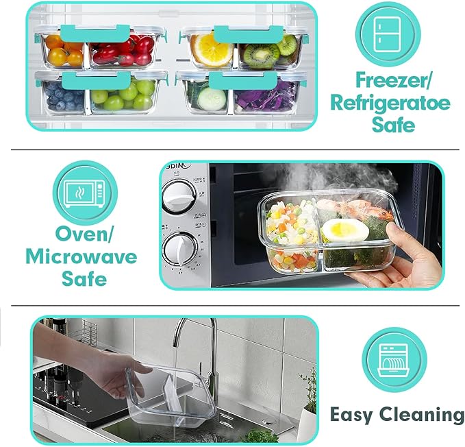 VERONES 10 Pack Glass Meal Prep Containers - 2 Compartment Set, 30 OZ Airtight Glass Lunch Containers with Lids, for Microwave, Oven, Freezer & Dishwasher Friendly, Green
