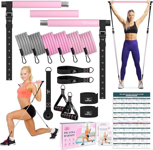 Pilates Bar Kit with Resistance Bands, Multifunctional Yoga Pilates Bar with Heavy-Duty Metal Adjustment Buckle, Portable Home Gym Pilates Resistance Bar Kit for Women Full Body Workouts