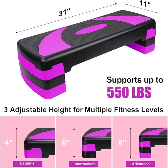 Exercise Workout Aerobic Step Platform Trainer, 31" Aerobic Stepper with 4"-6"-8" Adjustable Height Risers