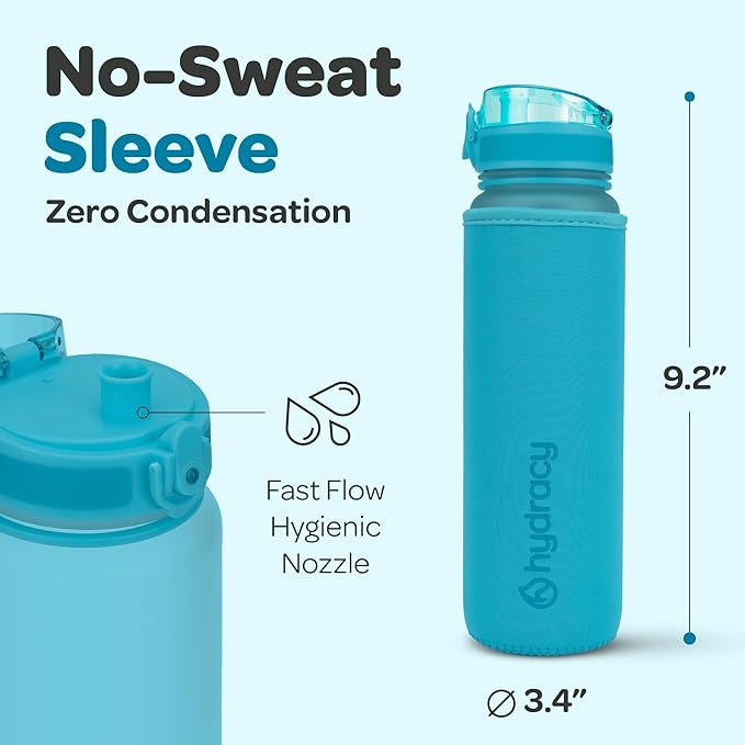 Hydracy Water Bottle with Time Marker -Large BPA Free Water Bottle & No Sweat Sleeve -Leak Proof Gym Bottle with Fruit Infuser Strainer & Times to Drink -Ideal for Fitness Sports & Outdoors