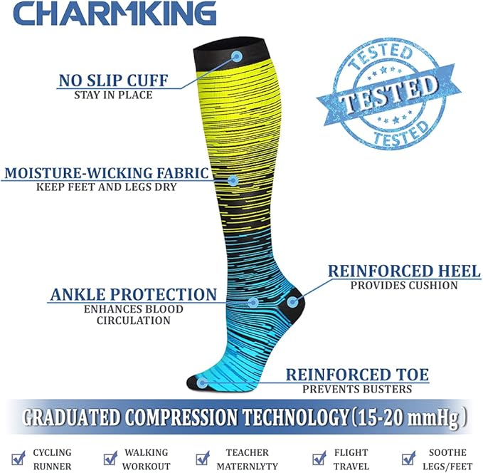 CHARMKING Compression Socks for Women & Men Circulation (8 Pairs) 15-20 mmHg is Best Support for Athletic Running,Hiking
