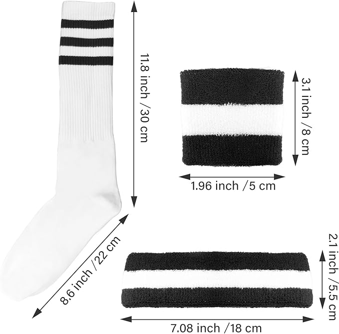 10 Pieces Striped Sweatbands and Striped Socks Set Headbands Wrist Sweat Bands for Men and Women Sports 80s 90s Fitness