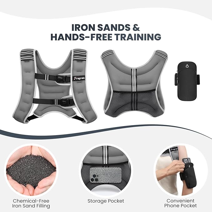 Fragraim Weighted Vest for Women Men - 8lb/10lb/12lb/16lb/22lb/25lb/30lb Weight Vest with Reflective Stripe, Detachable Phone Pouch, Ideal for Walking, Strength Training, Running, Workout, Cardio