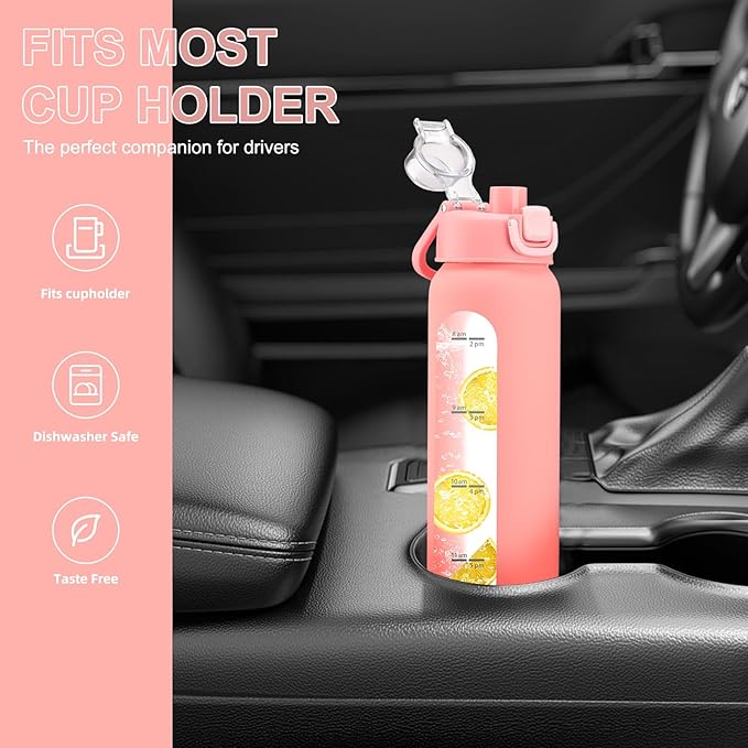 24 oz Glass Water Bottles with 2 Lids-Handle Spout Lid & Straw Lid, Motivational Water Bottle with Time Marker and Silicone Sleeve,Leakproof-Pink-1 Pack