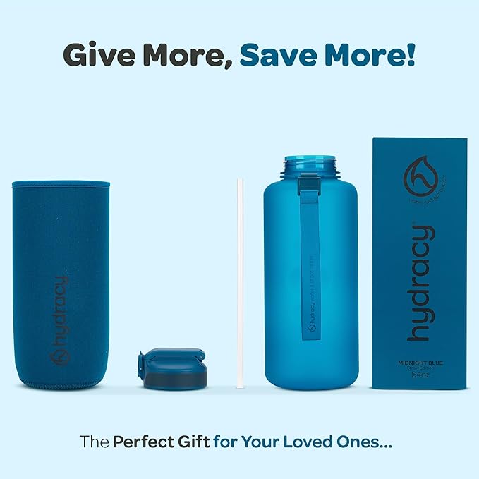 Hydracy Water Bottle with Time Marker -Large BPA Free Water Bottle & No Sweat Sleeve -Leak Proof Gym Bottle with Fruit Infuser Strainer & Times to Drink -Ideal for Fitness Sports & Outdoors