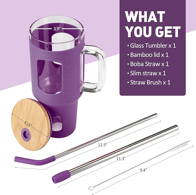 Glass Tumbler with Straw and Lid, 40 oz glass cup with handle, Glass Water Bottles with Time Marker, Silicone Protective Sleeve-Dark Purple