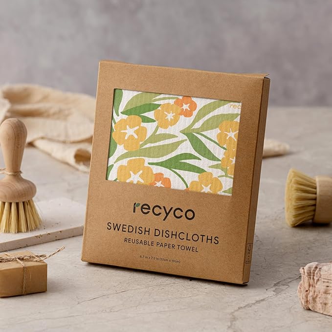 RECYCO Swedish Dishcloths for Kitchen | 5 Pack Matisse Floral Washable Dish Rags | Cellulose Reusable Cleaning Paper Towels | Absorbent Counter Dish Cloth Sponge Kitchen Wipes, 8" L x 7" W