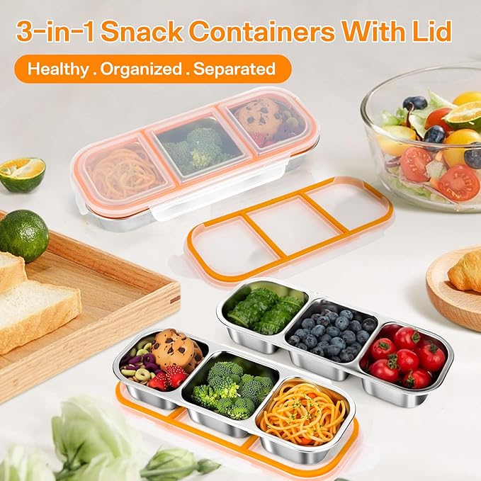 Stainless Steel Snack Containers, Reusable Snack Containers with Lids Stainless Steel Lunch Box with 3 Compartment Divided Food Storage for Home Work Travel Outdoor Camping (Orange 3 Pack)