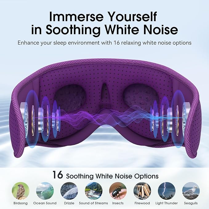 MUSICOZY White Noise Sleep Mask Headphones with 16 Soothing Sounds, Bluetooth Sleep Mask 3D Wireless Music Sleeping Headphones for Side Sleeper