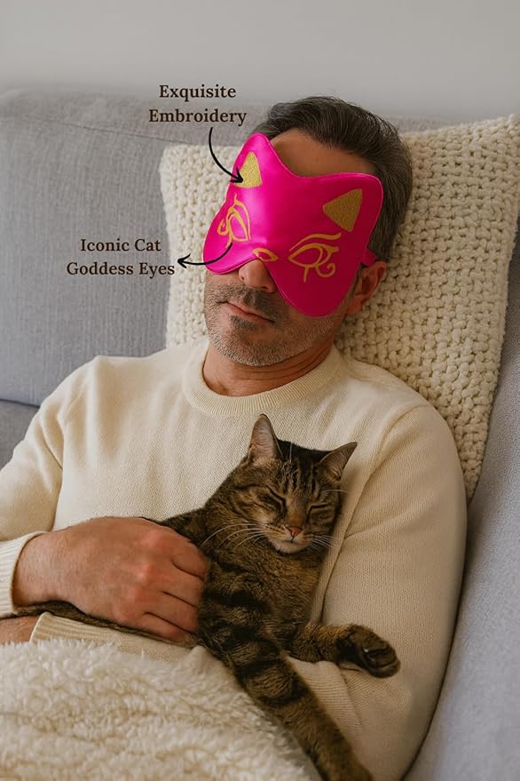 Silk Sleep Mask Blindfold Eye Mask for Sleep Cute Cat Print Embroidered Eye Cover Adjustable Oversized Egyptian Bastet with Gift Box&Pouch（Divine Fuchsia-Elastic Strap）