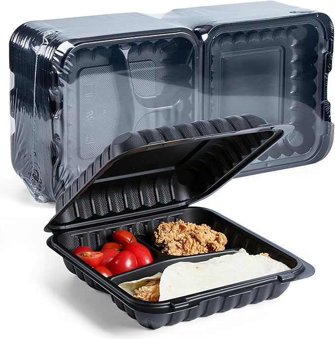 YANGRUI Food Containers Mineral Filled PP Plastic - 55 Pack 8x8 34 oz BPA Free | Shrink Wrap Microwave Safe | Reusable & Disposable Heavy Duty Clamshell Takeout | Black To Go 3 Compartment Lunch Box