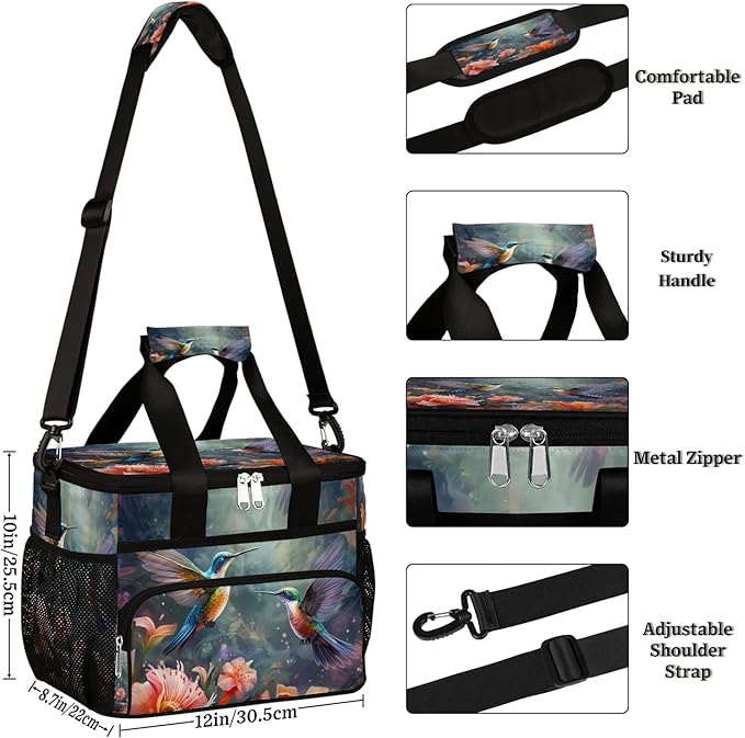 Insulated Cooler Lunch Bag,Animal Hummingbird Flower Reusable Lunch Box for Office Picnic Work School,Leakproof Large Cooler Tote Bags for Adult Men Women