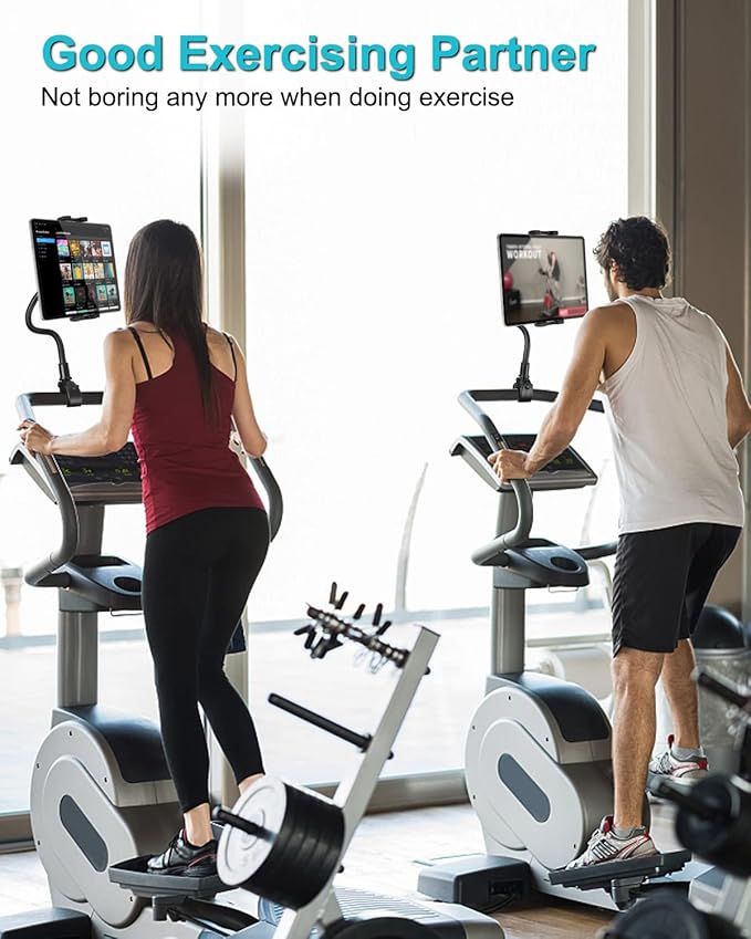 Gooseneck Indoor Cycling Tablet Mount, Spin Bike Tablet Holder for Stationary Treadmill Elliptical, 360° Rotation Handlebar Clamp for iPad Pro Mini Air, Galaxy Tab/Z Fold, iPhone,4-12.9" Device