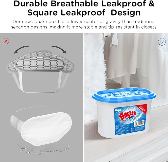 Bagus Moisture Absorbers Boxes (4 Pack) - 10.5 Oz Dehumidification Containers for Closet, Bathroom, Storage, Kitchen, Basement, Car, RV, Boat | Long-Lasting Humidity Control & Odor-Free Solution
