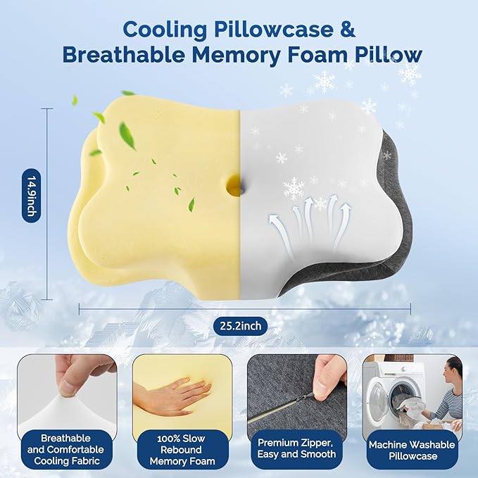 Cervical Neck Pillow, Ergonomic Side Sleeper Pillow for Neck Support, Cooling Memory Foam Pillows for Sleeping, Contour Orthopedic Bed Pillows for Side Back Stomach Sleepers with Removable Pillowcase
